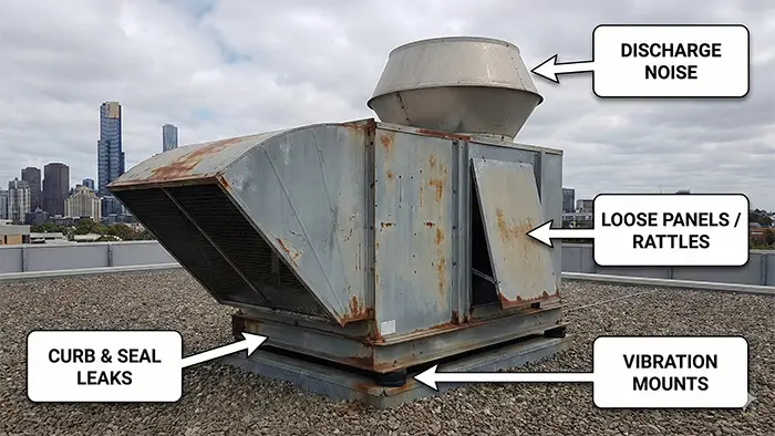 Noisy commercial exhaust fan on a Melbourne rooftop – common fix points
