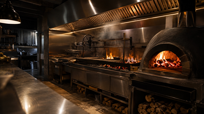 Char-grill and wood-fired oven under a stainless steel exhaust canopy in a Melbourne commercial kitchen