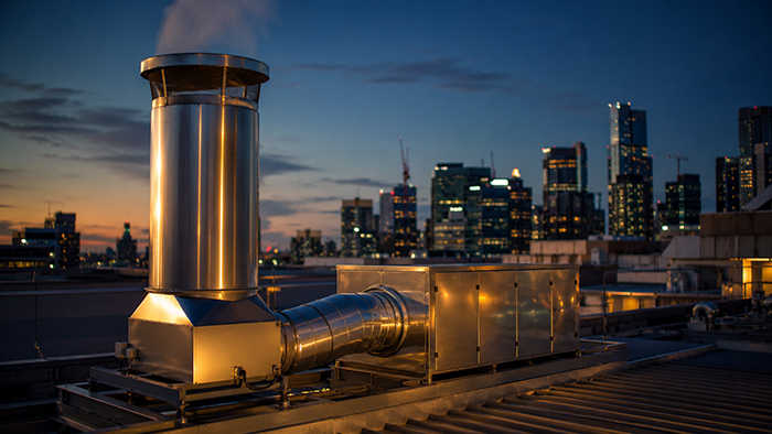 Rooftop vertical discharge stack and pollution-control unit for commercial kitchen odour and smoke control in Melbourne