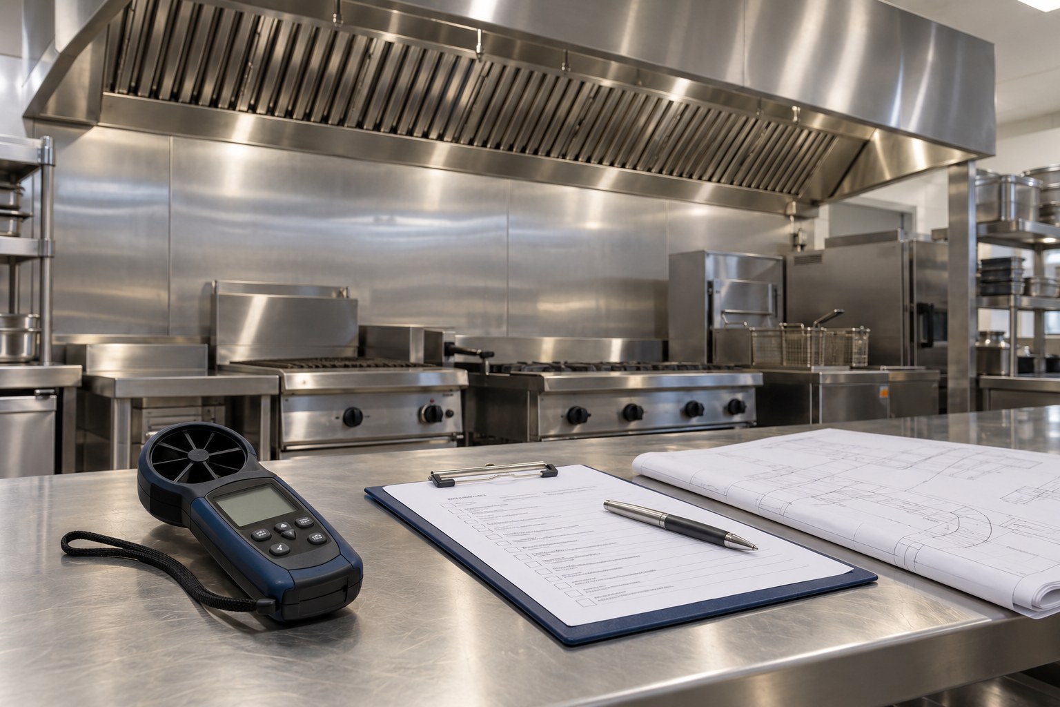 Illustration of an airflow meter, handover checklist and ventilation plans in a commercial kitchen