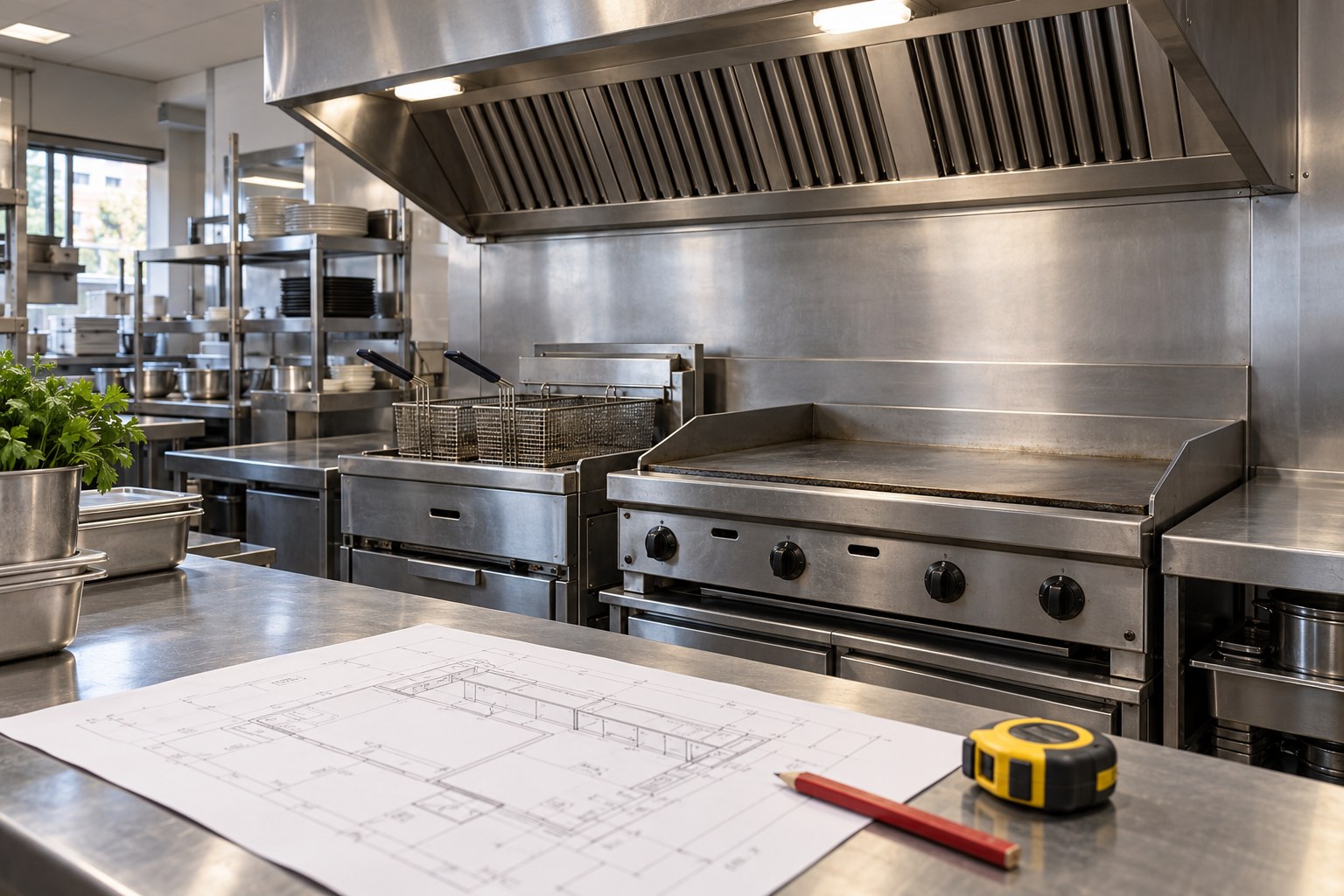 Illustration of a commercial fryer and griddle beneath an exhaust canopy with layout plans on a nearby bench